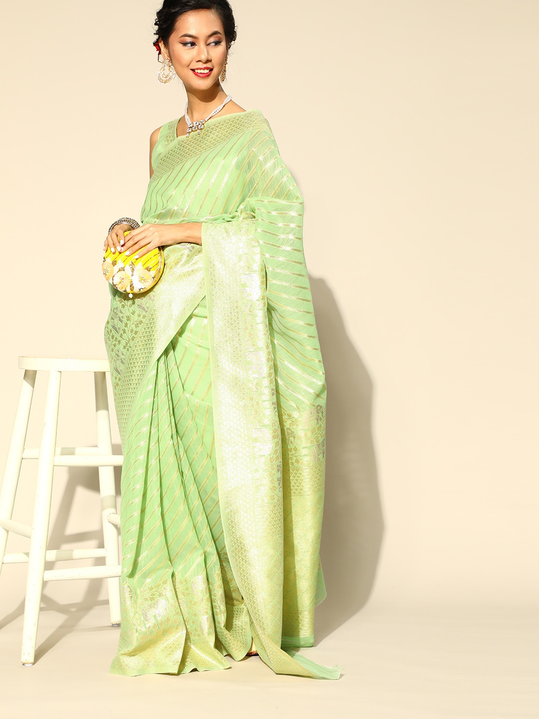 

Kalista Striped Saree with Zari Border, Green