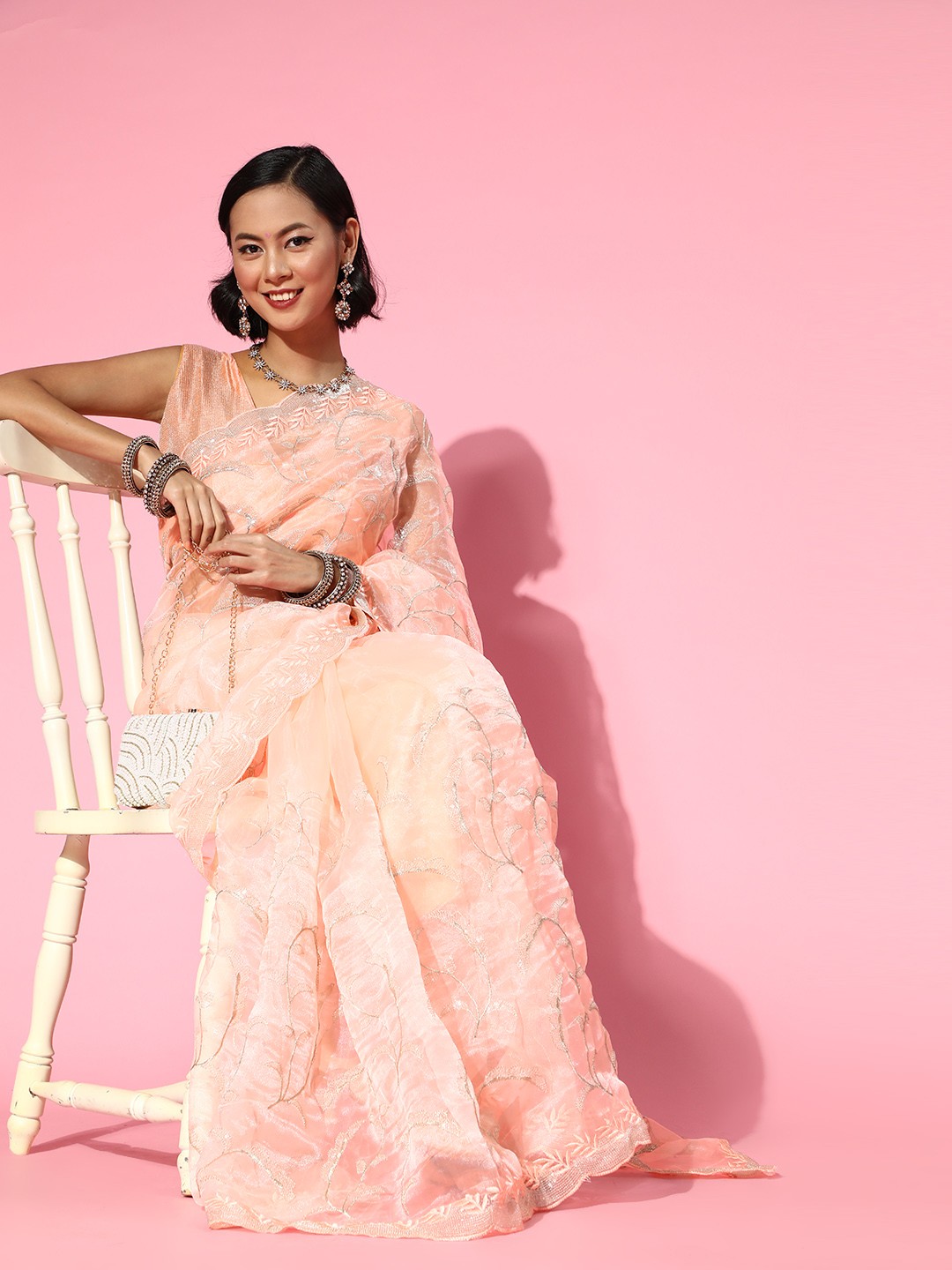 

Kalista Ethnic Motifs Saree with Embroidered Border, Peach
