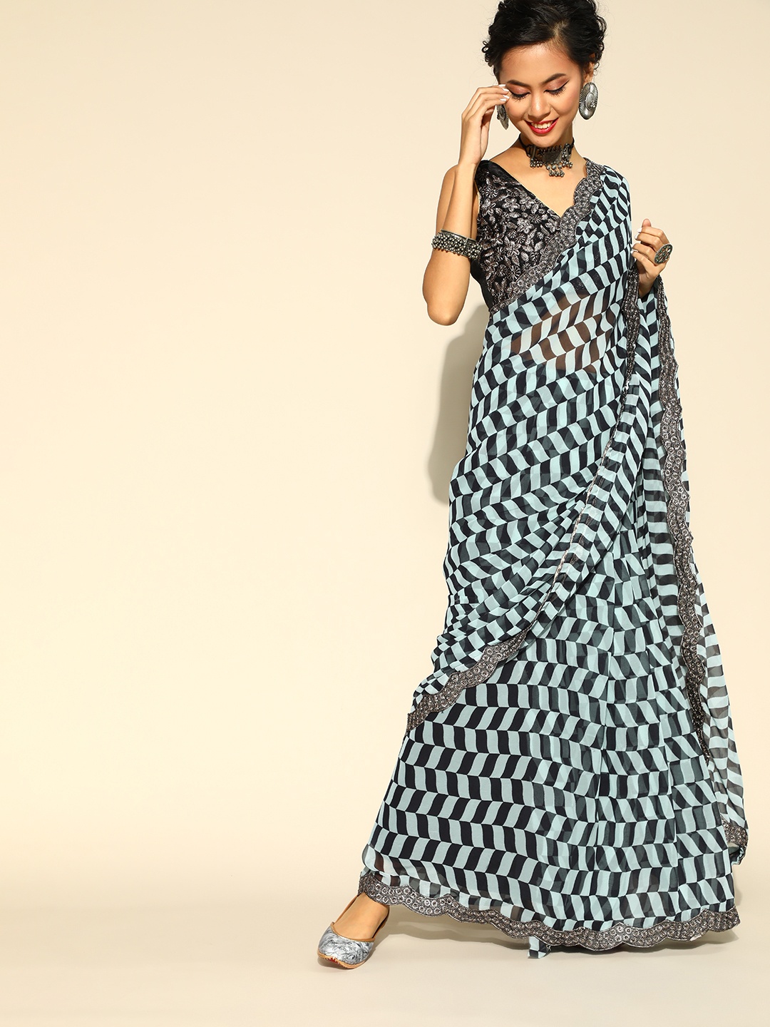 

Kalista Checked Saree with Embellished Border, Black