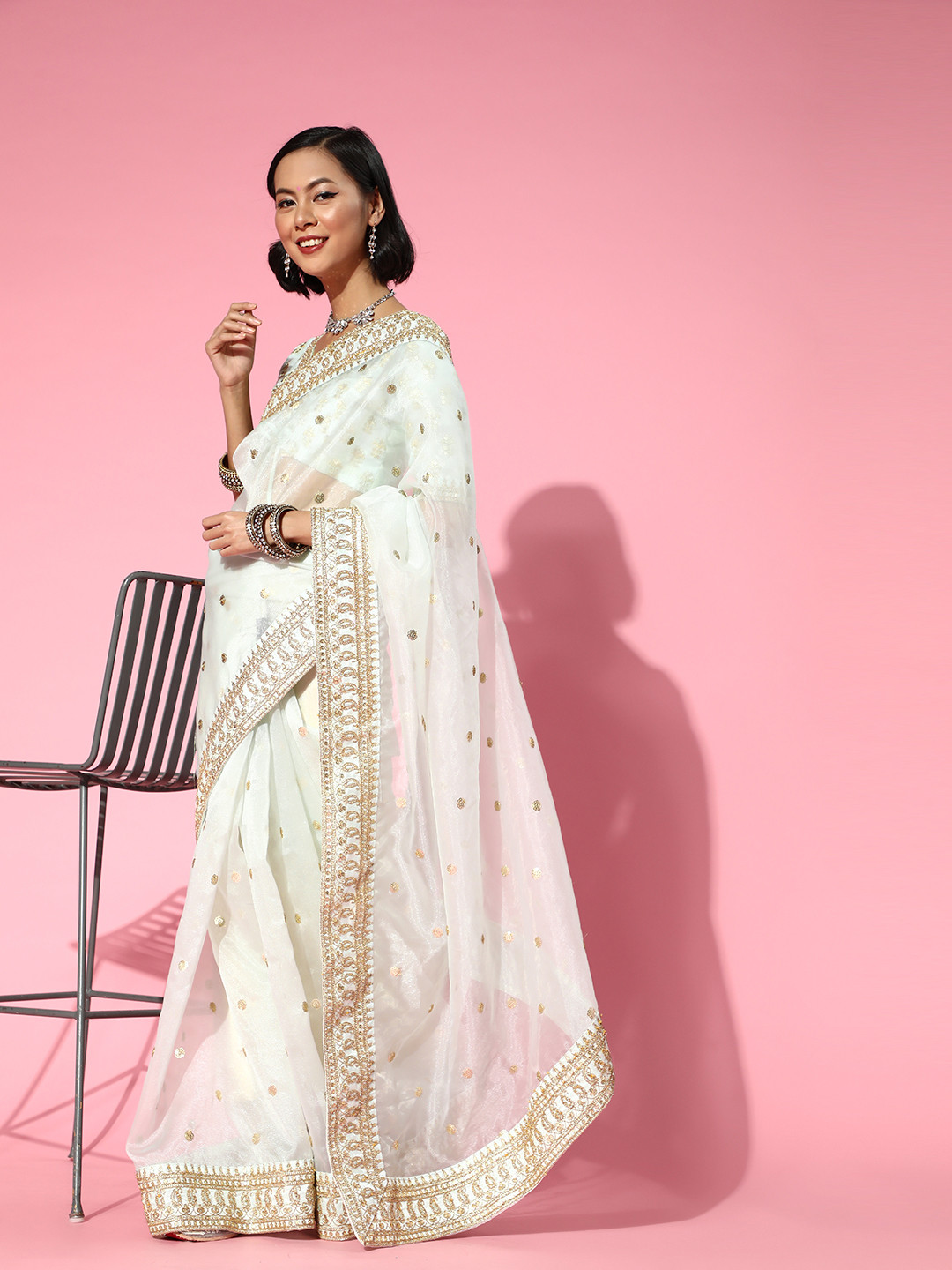 

Kalista Geometric Saree with Embroidered Border, Off white
