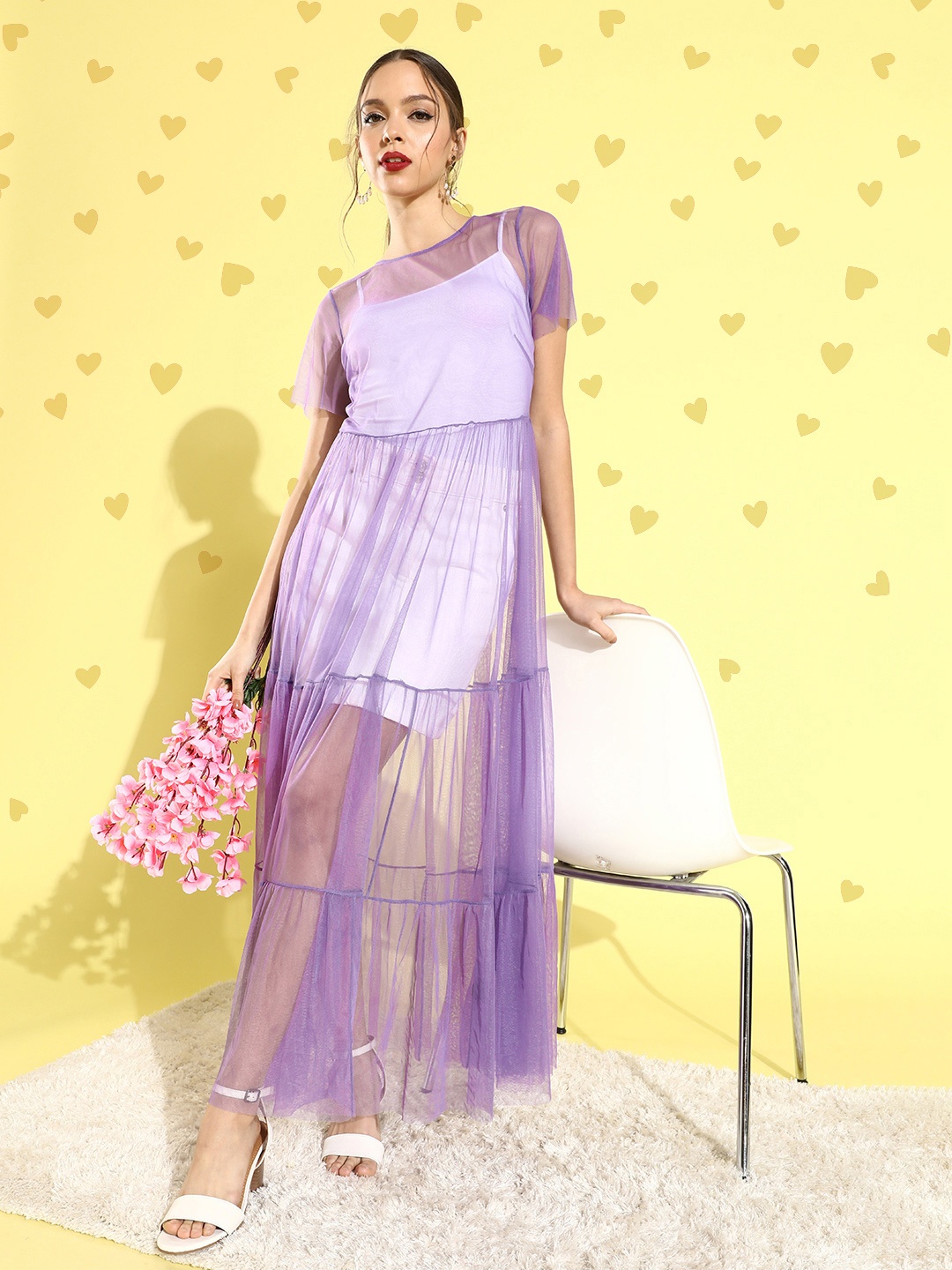 

LY2 Women Charming Lavender Self-Design Net Dress