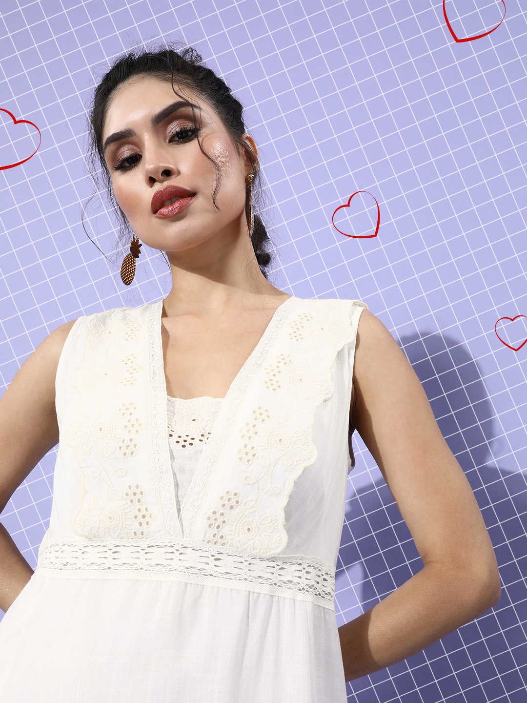

LY2 Women Lovely White Self-Design Schiffli Dress