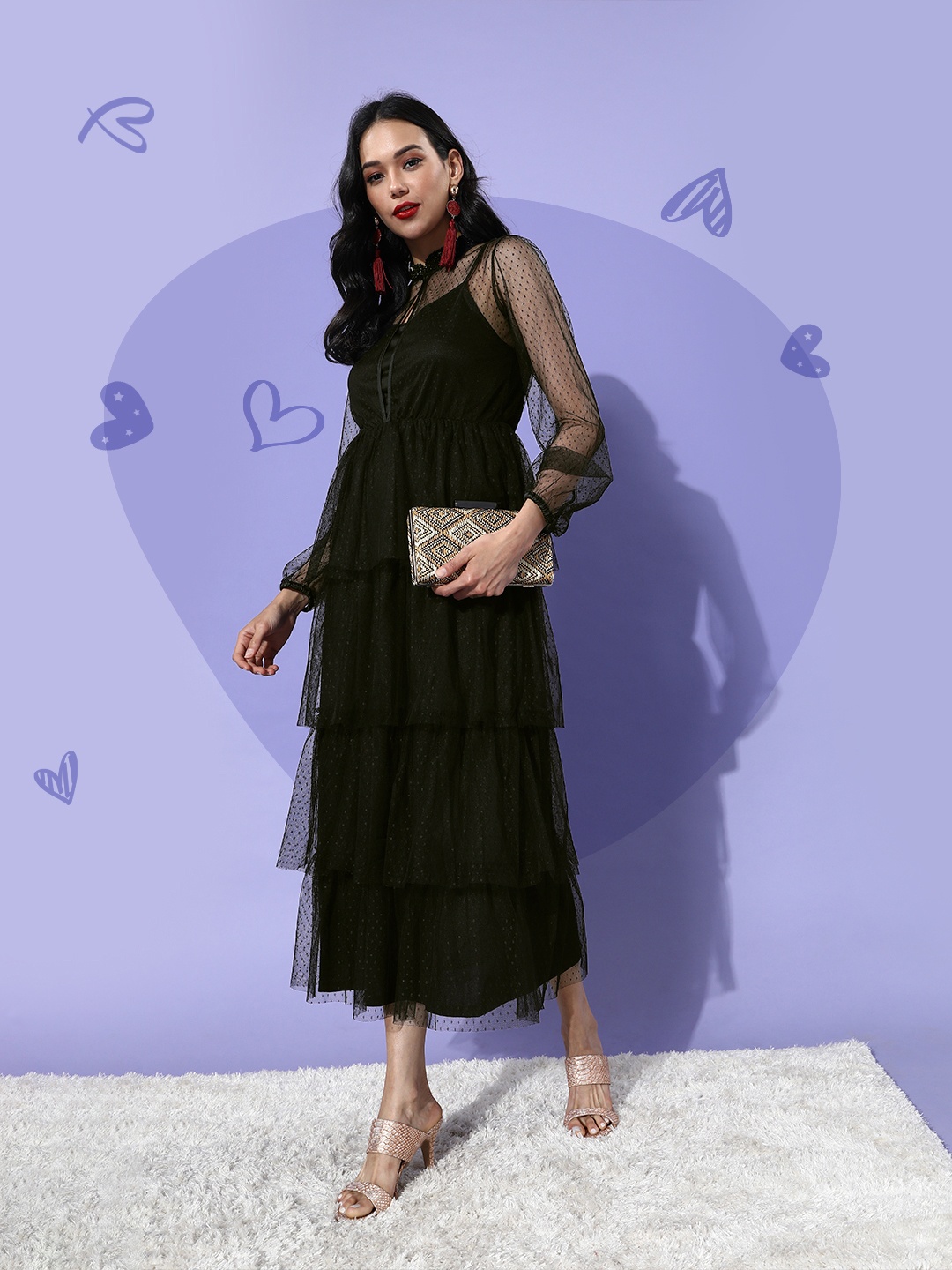 

LY2 Women Stylish Black Self-Design Tulle Dress