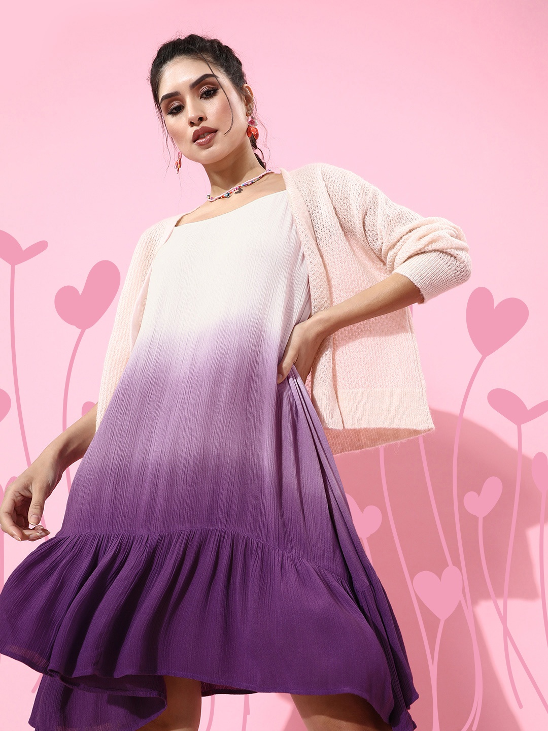 

LY2 Women Lovely White Tie and Dye Tiered Dress
