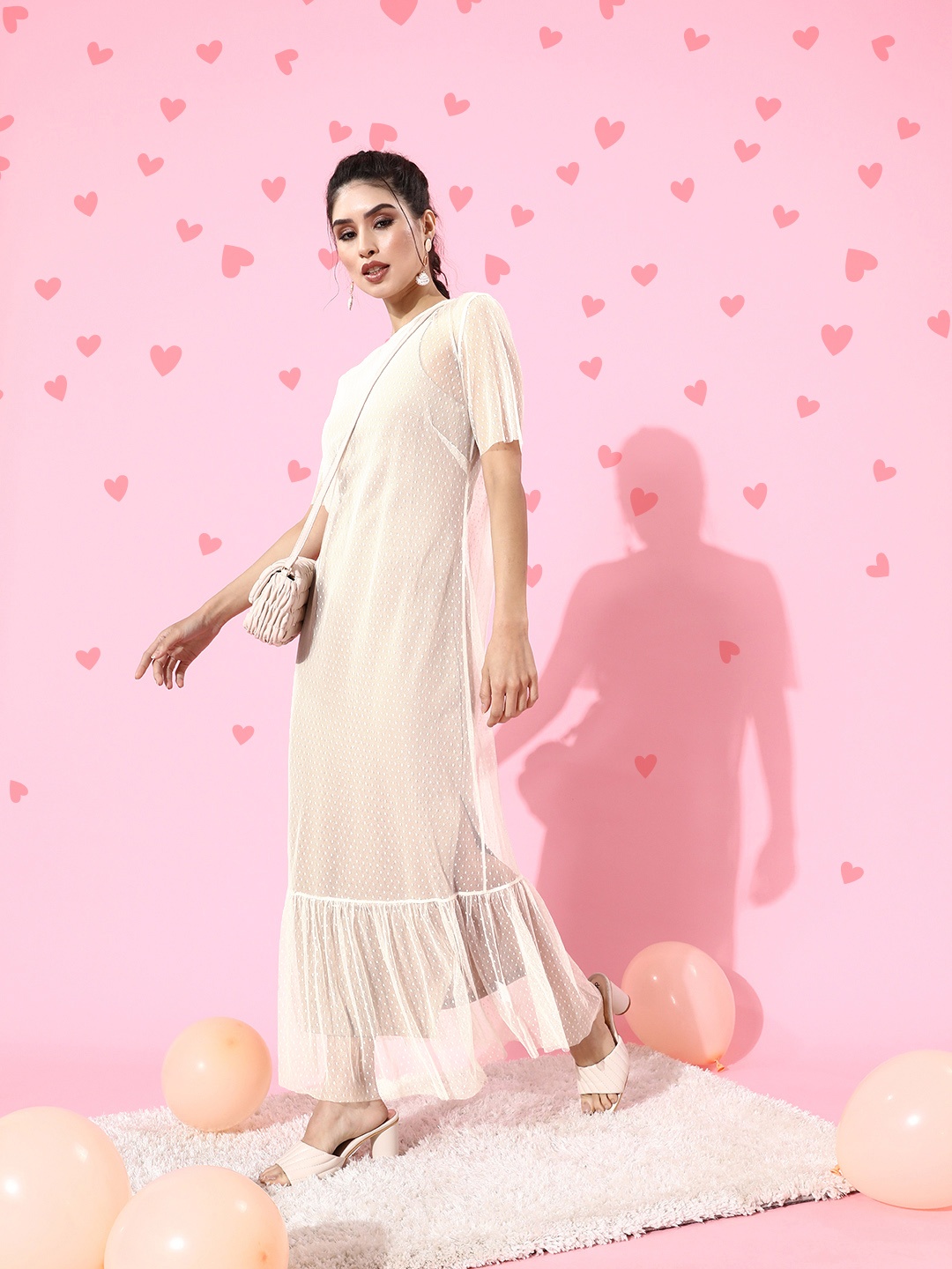 

LY2 Women Striking Cream Self-Design Sheer Dress