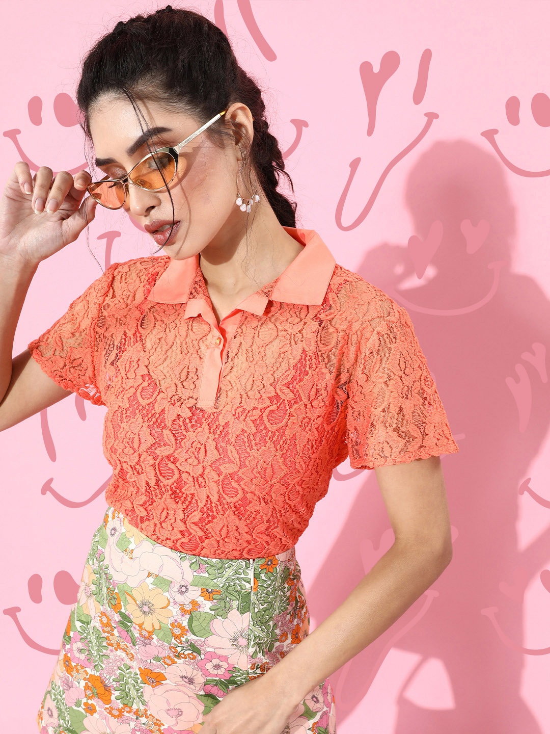 

LY2 Women Bright Orange Floral Lace Top