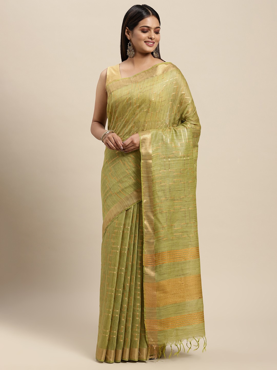 

swatika Green Woven Design Zari Silk Blend Bhagalpuri Saree