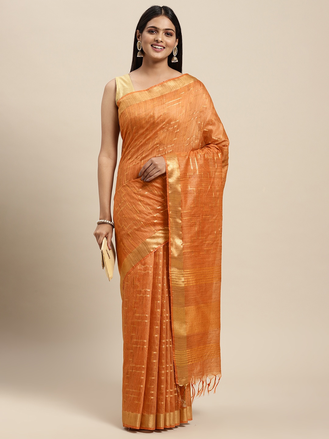 

swatika Orange Woven Design Zari Silk Blend Bhagalpuri Saree