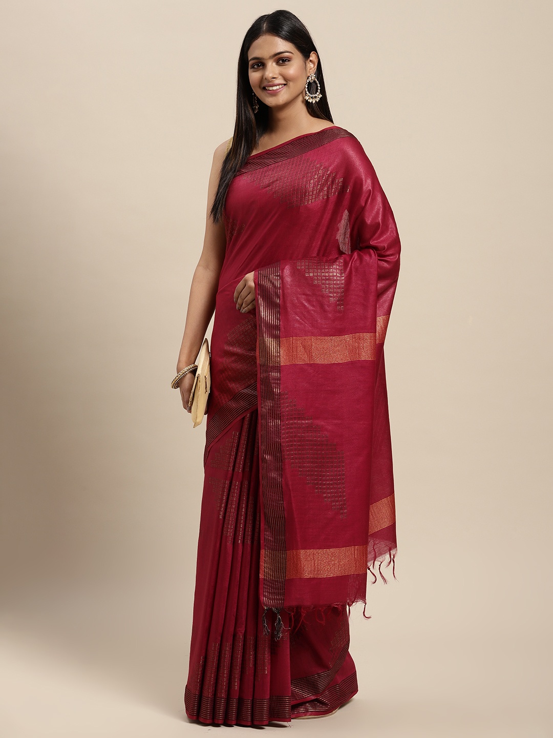 

swatika Maroon Woven Design Zari Silk Blend Bhagalpuri Saree