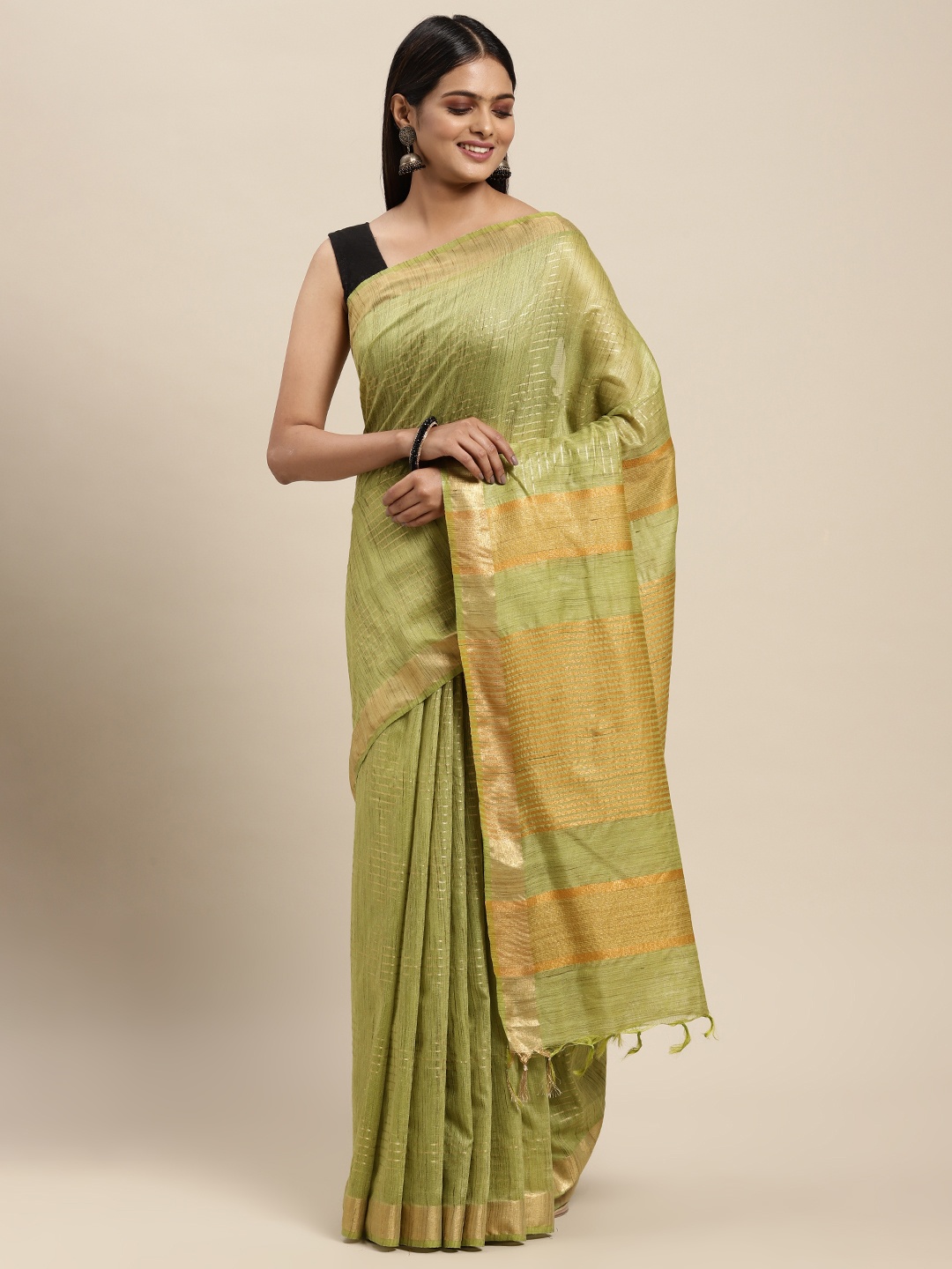 

swatika Green & Gold-Toned Woven Design Zari Silk Blend Bhagalpuri Saree