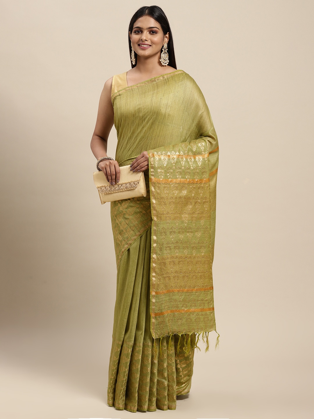 

swatika Green & Gold-Toned Woven Design Zari Silk Blend Bhagalpuri Saree