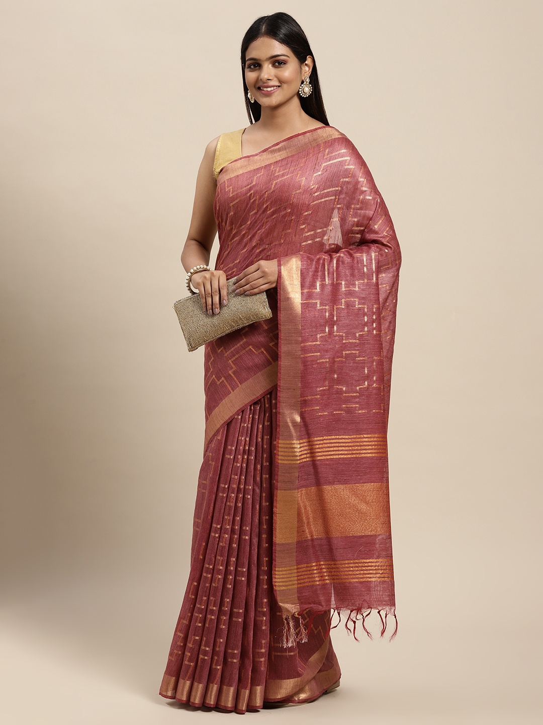 

swatika Maroon & Gold-Toned Woven Design Zari Silk Blend Bhagalpuri Saree