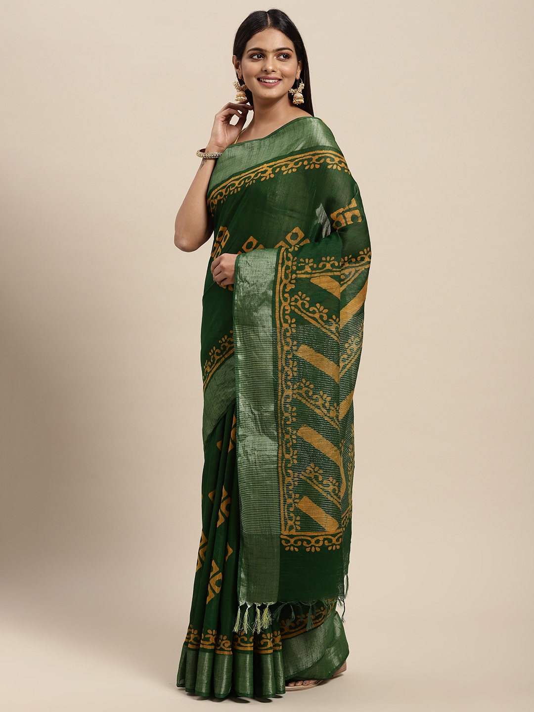 

swatika Green Woven Design Zari Silk Blend Block Print Saree