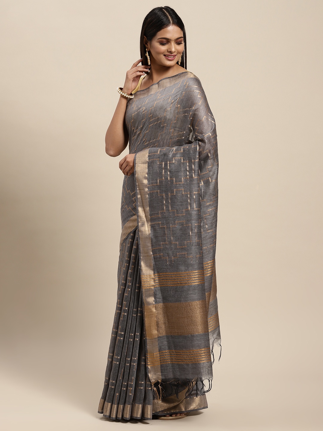 

swatika Grey Woven Design Zari Silk Blend Bhagalpuri Saree