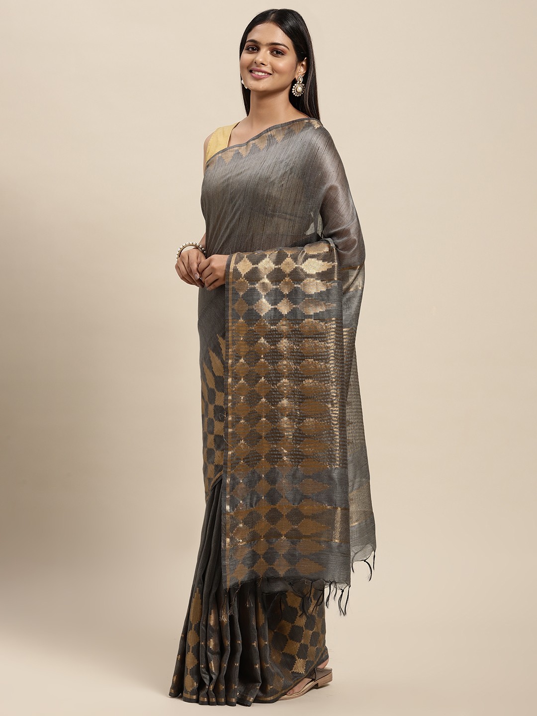 

swatika Grey Woven Design Zari Silk Blend Bhagalpuri Saree