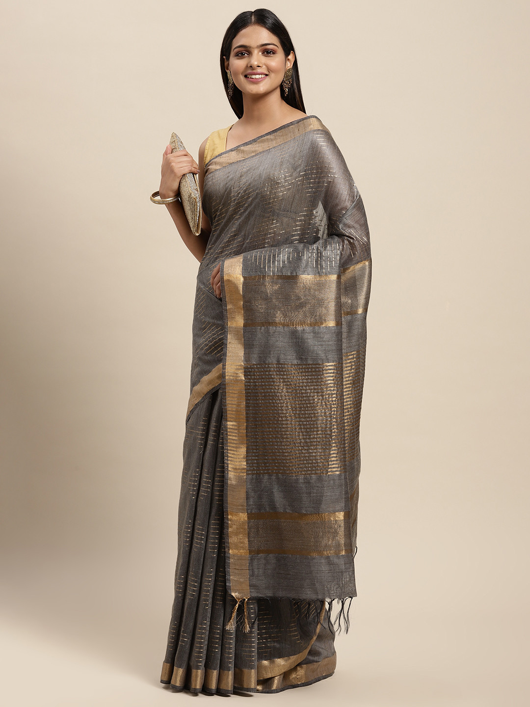 

swatika Grey & Gold-Toned Woven Design Zari Silk Blend Bhagalpuri Saree