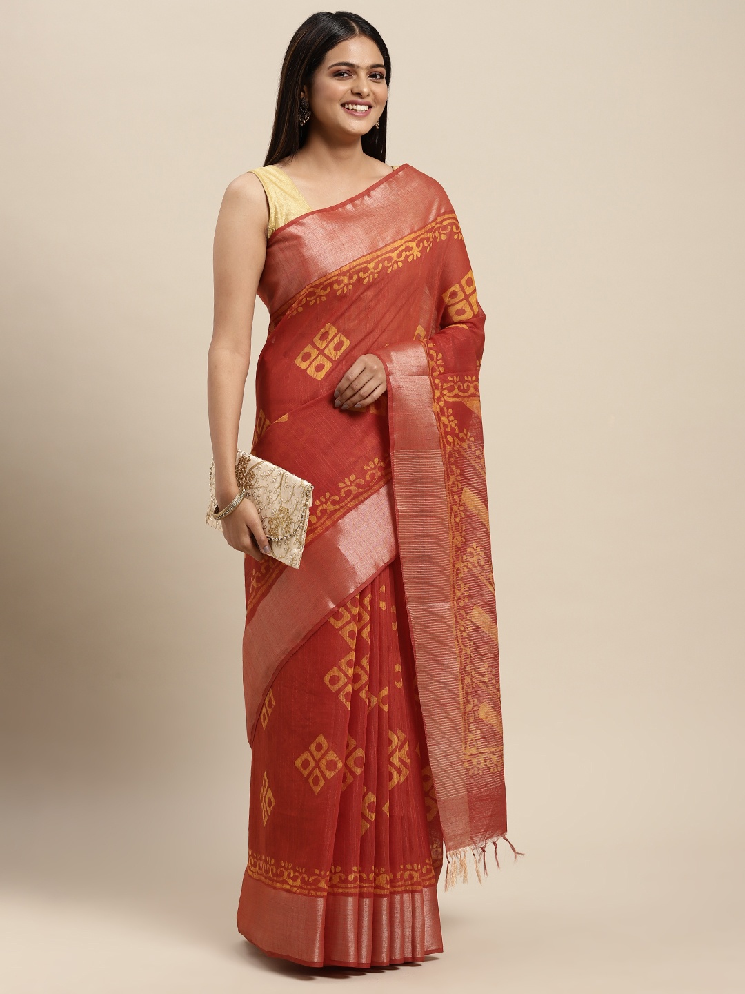 

swatika Red Woven Design Zari Silk Blend Block Print Saree
