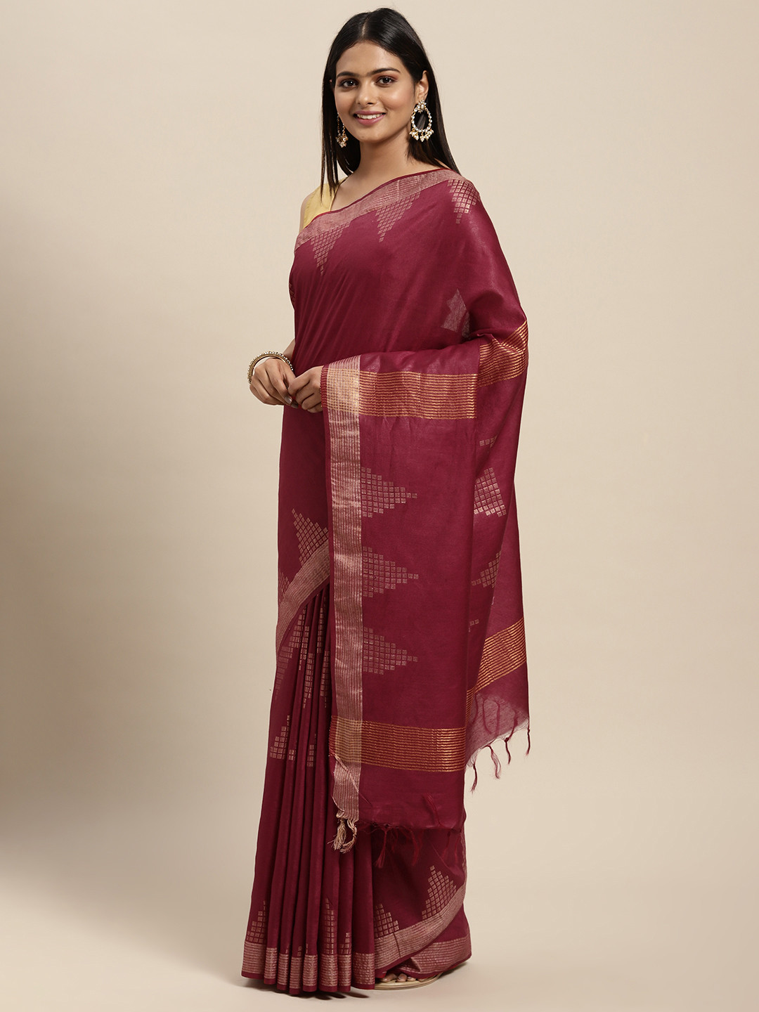 

swatika Maroon Woven Design Zari Silk Blend Bhagalpuri Saree