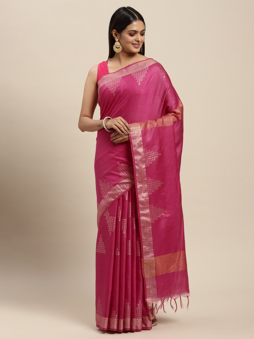 

swatika Pink Woven Design Zari Silk Blend Bhagalpuri Saree