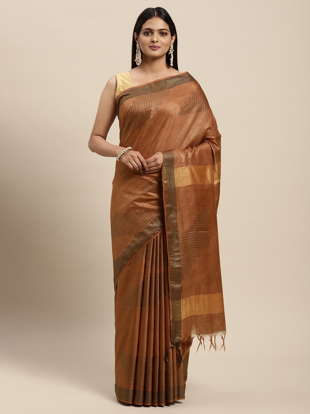 

swatika Brown Woven Design Zari Silk Blend Bhagalpuri Saree