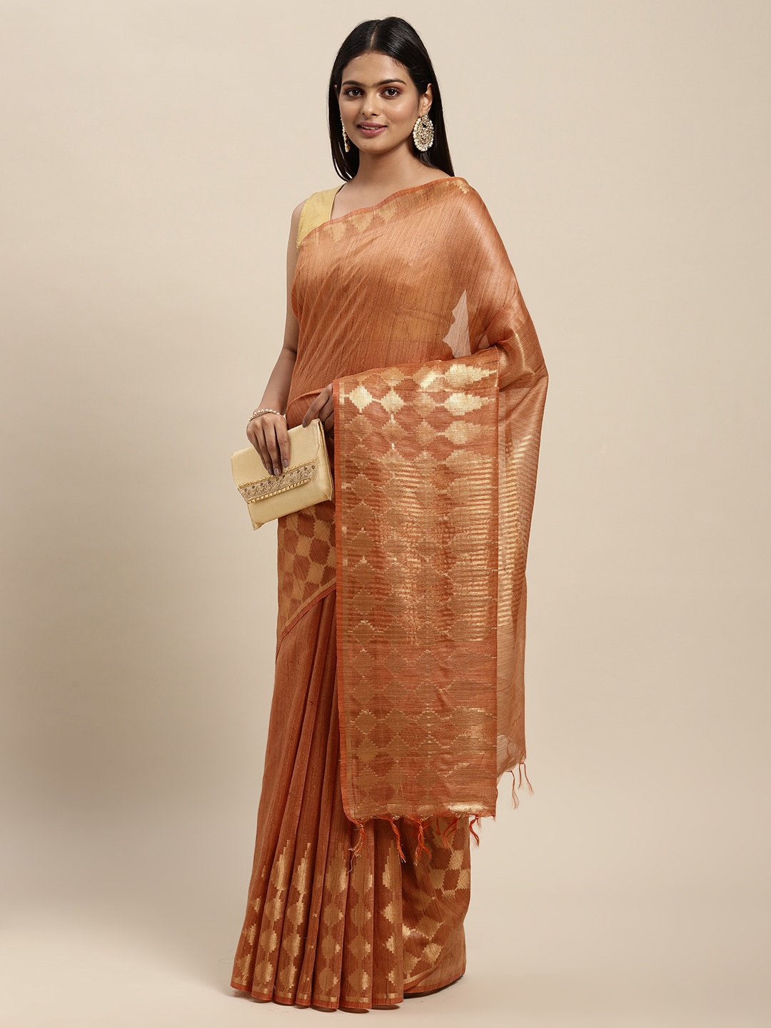 

swatika Orange Woven Design Zari Silk Blend Bhagalpuri Saree