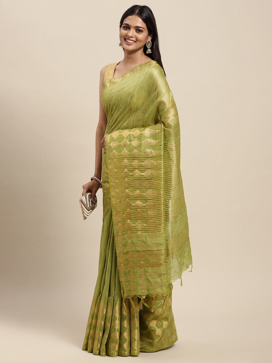 

swatika Green Woven Design Zari Silk Blend Bhagalpuri Saree