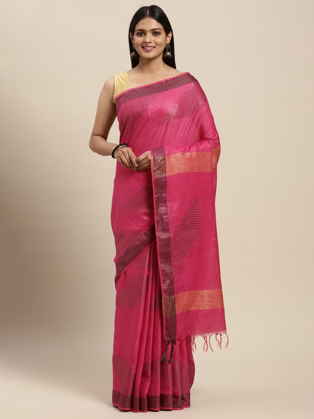 

swatika Fuchsia Pink & Grey Woven Design Zari Silk Blend Bhagalpuri Saree