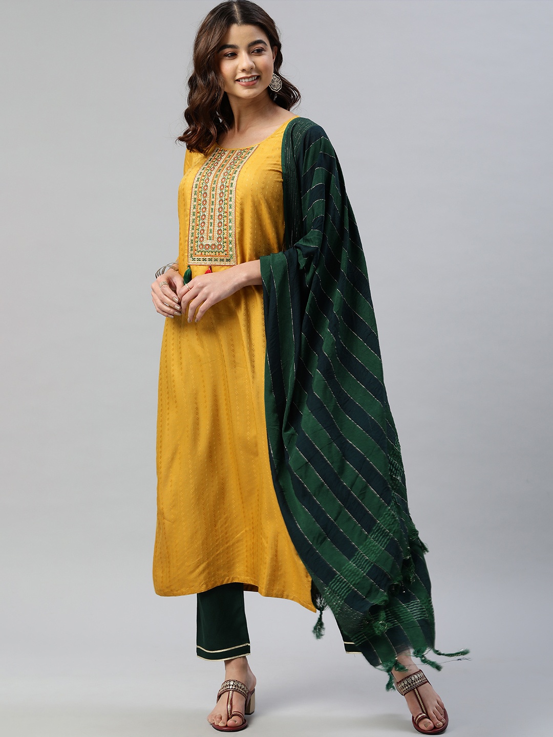 

SheWill Women Yellow Ethnic Motifs Embroidered Thread Work Dobby Kurta Trousers & Dupatta