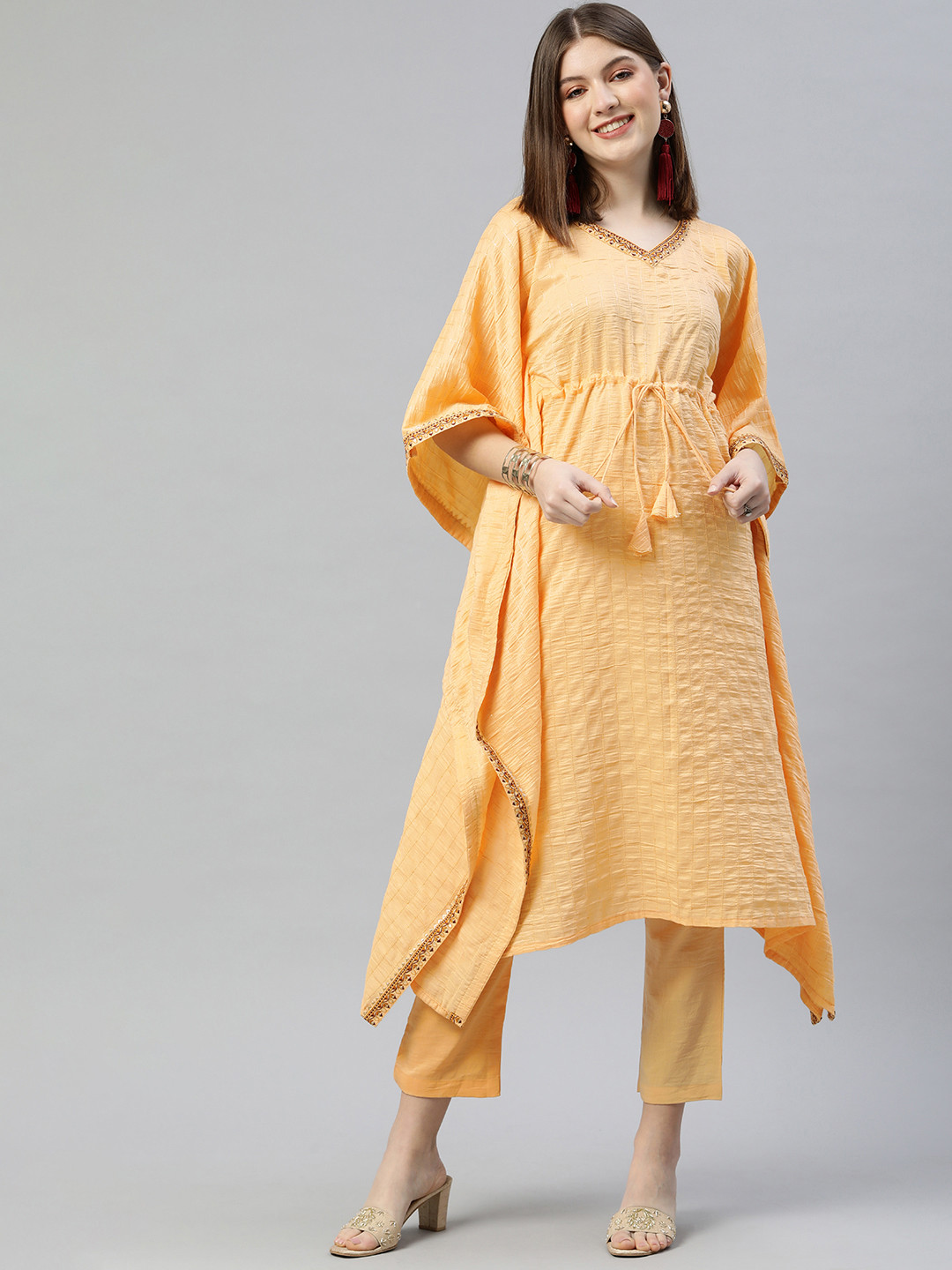 

SheWill Women Yellow Embroidered Silk Chiffon Kurta with Trousers