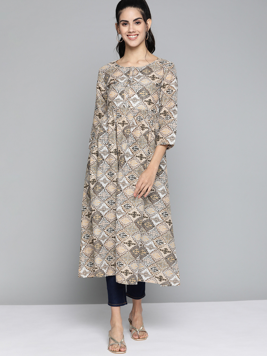 

HERE&NOW Women Brown & White Ethnic Motifs Printed Kurta