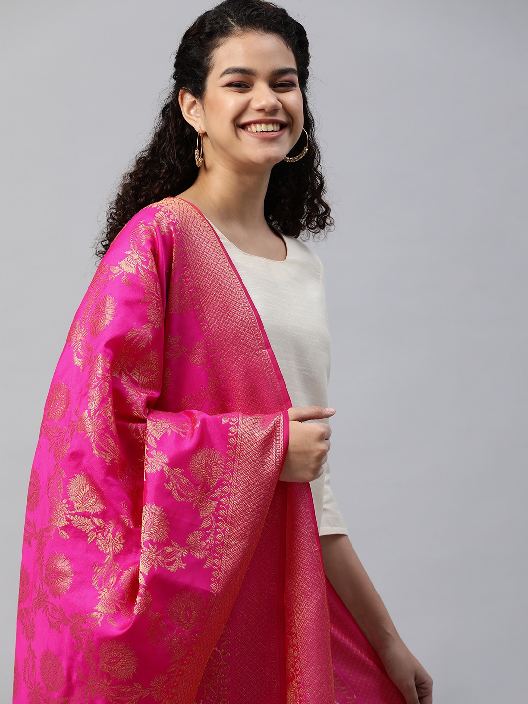 

swatika Women Fuchsia Pink Ethnic Motifs Woven Design Banarasi Handloom Dupatta with Zari