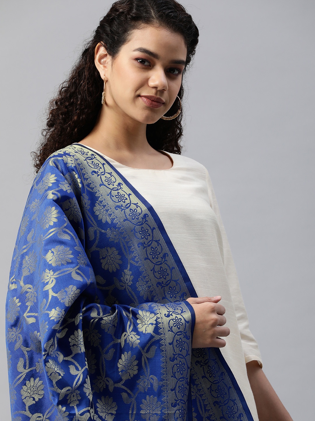 

swatika Women Blue Ethnic Motifs Woven Design Banarasi Handloom Dupatta with Zari