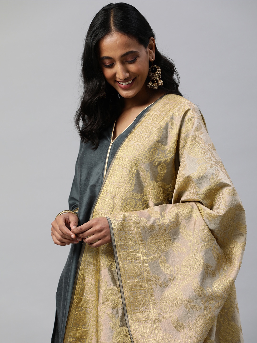 

swatika Women Gold-Toned Ethnic Motifs Woven Design Banarasi Handloom Dupatta with Zari