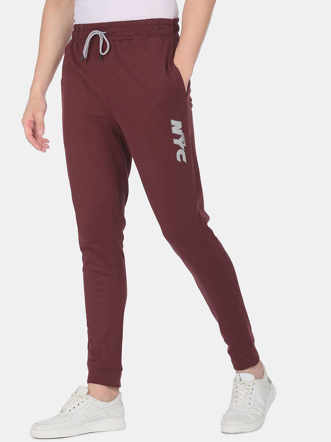 

Arrow Sport Men Maroon Solid Pure Cotton Straight-Fit Mid-Rise Joggers with Printed Detail