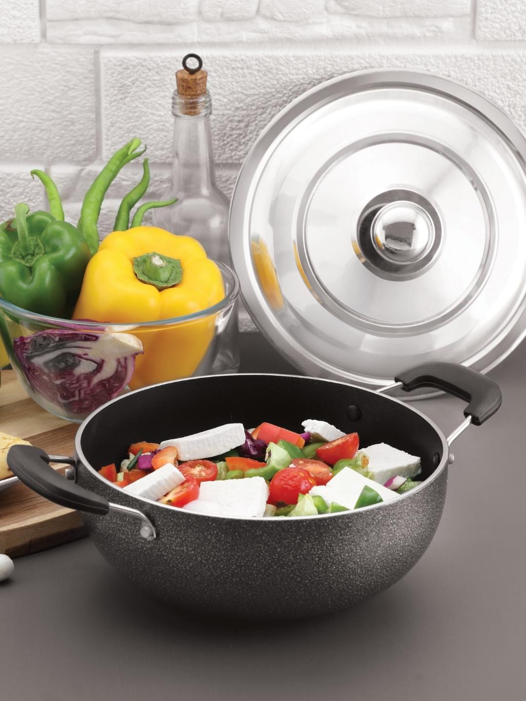 

MAGNUS Optima Grey Aluminium Non-Stick Deep Kadhai with Stainless Steel Lid 2 Litre