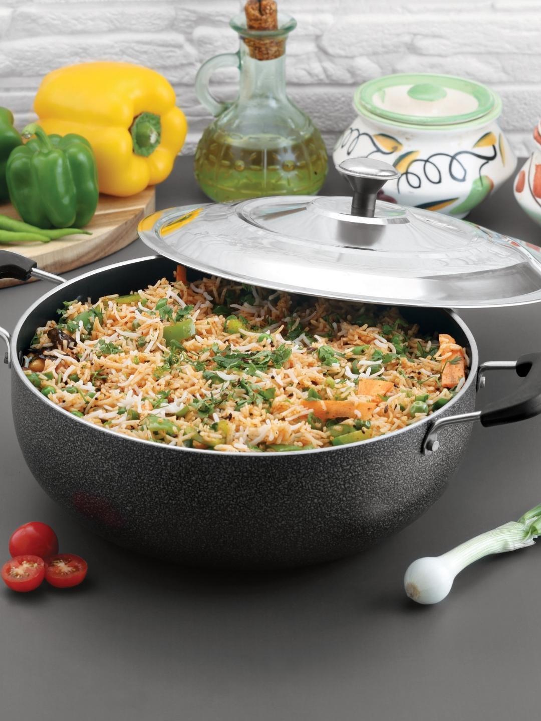 

MAGNUS Grey Textured Non-Stick Deep Kadhai With Stainless Steel Lid