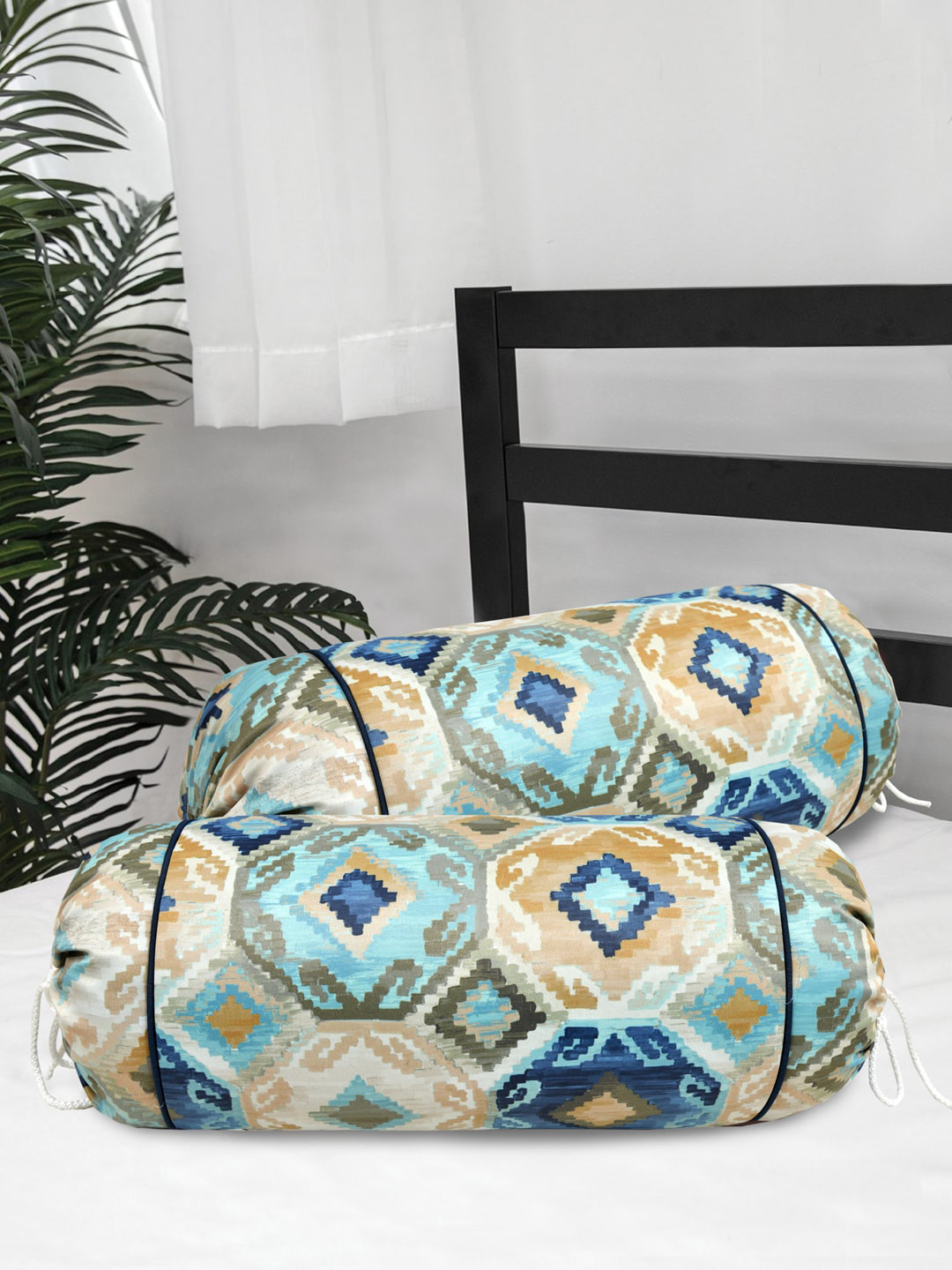 

Clasiko Set Of 2 Blue & Beige Printed Cotton Bolster Covers