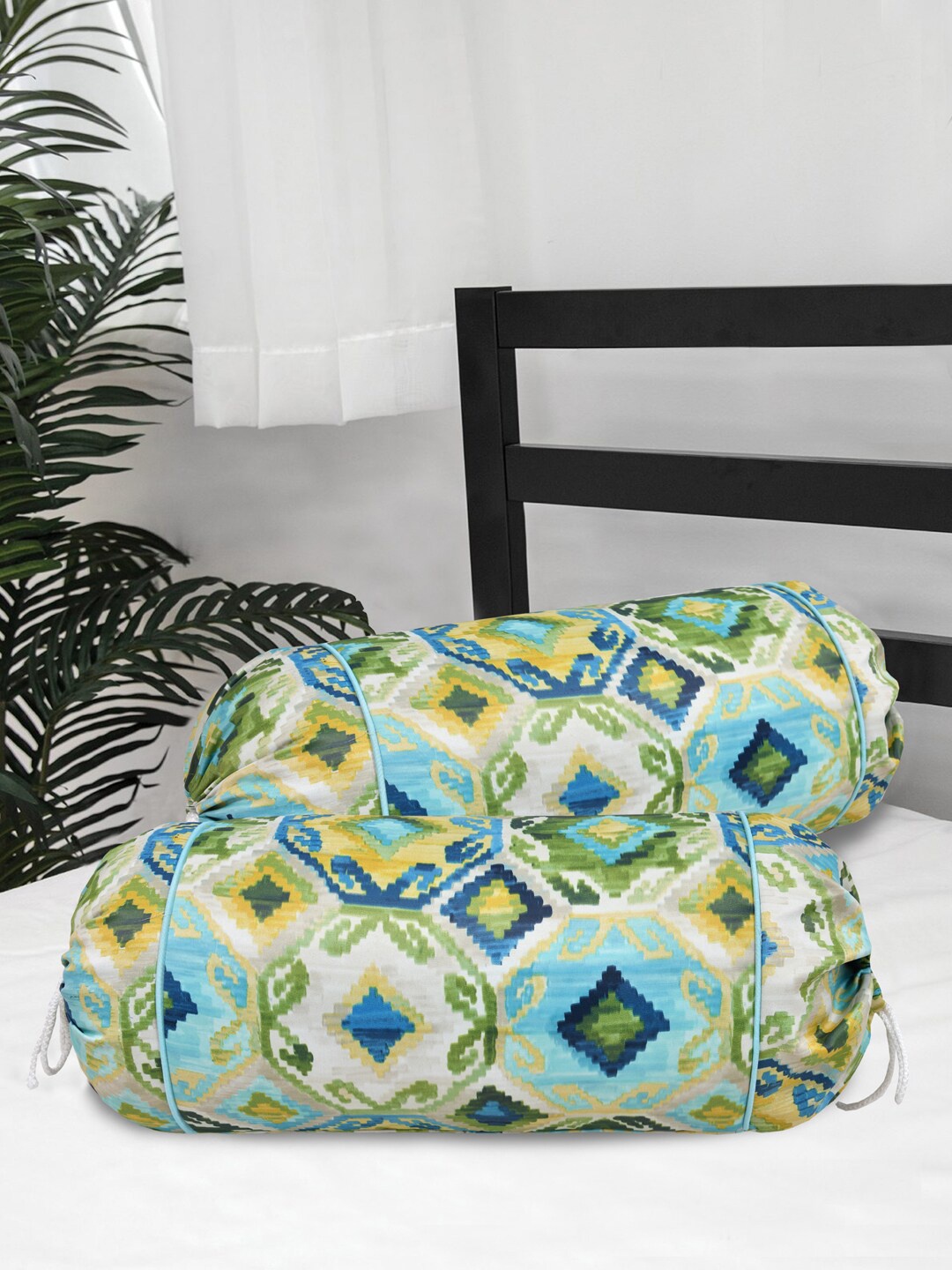 

Clasiko Set Of 2 Green & Blue Printed Cotton Bolster Covers