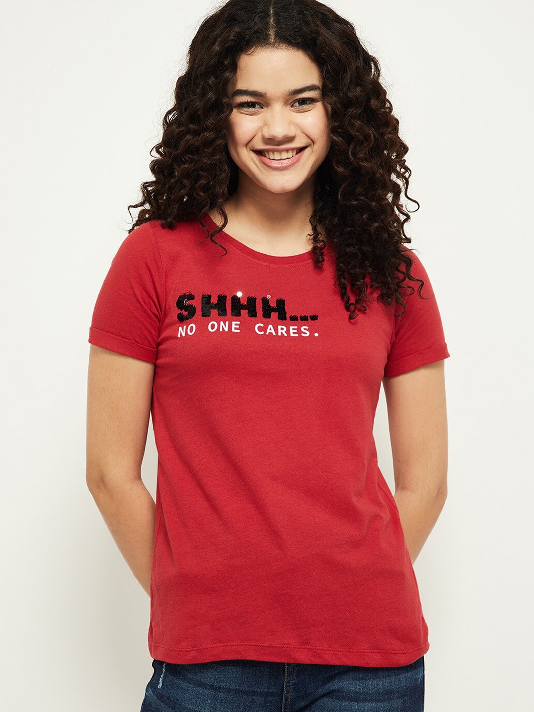 

max Women Red Typography T-shirt