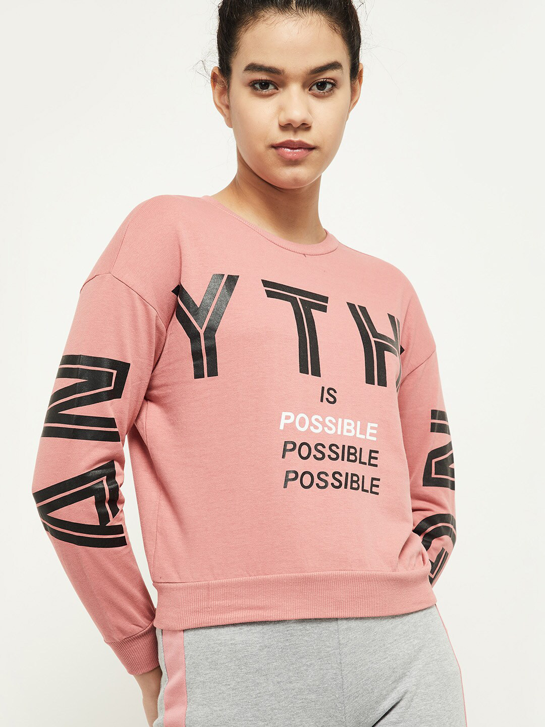 

max Women Peach-Coloured Typography Printed Applique T-shirt