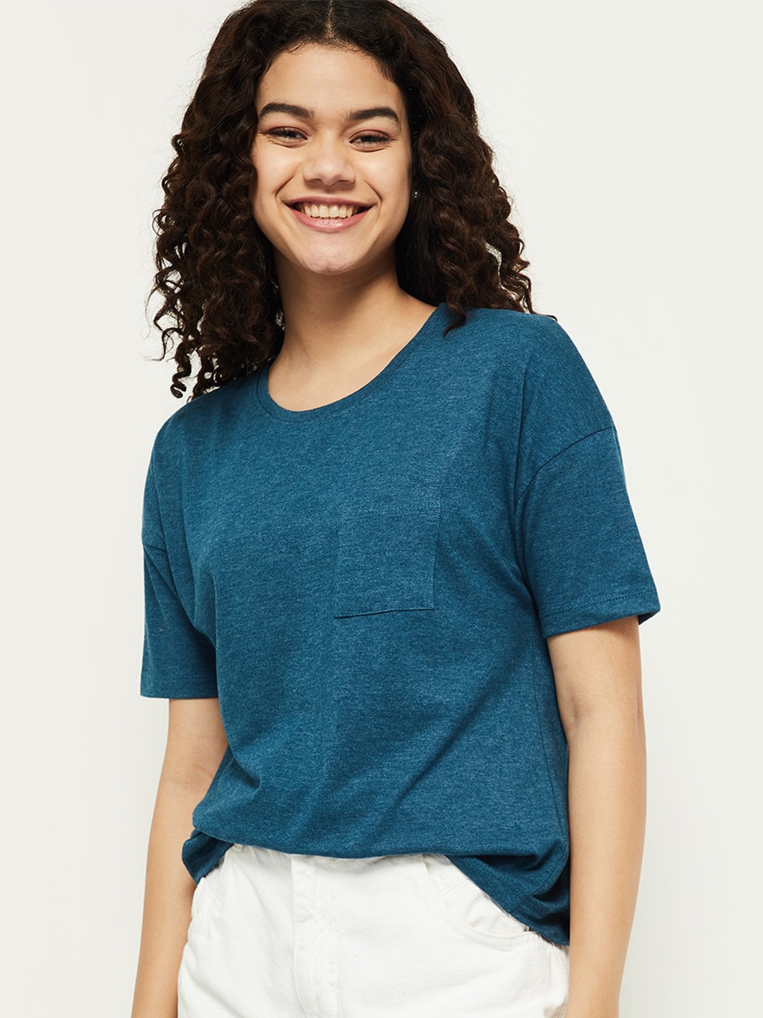 

max Women Blue Extended Sleeves Pockets T-shirt