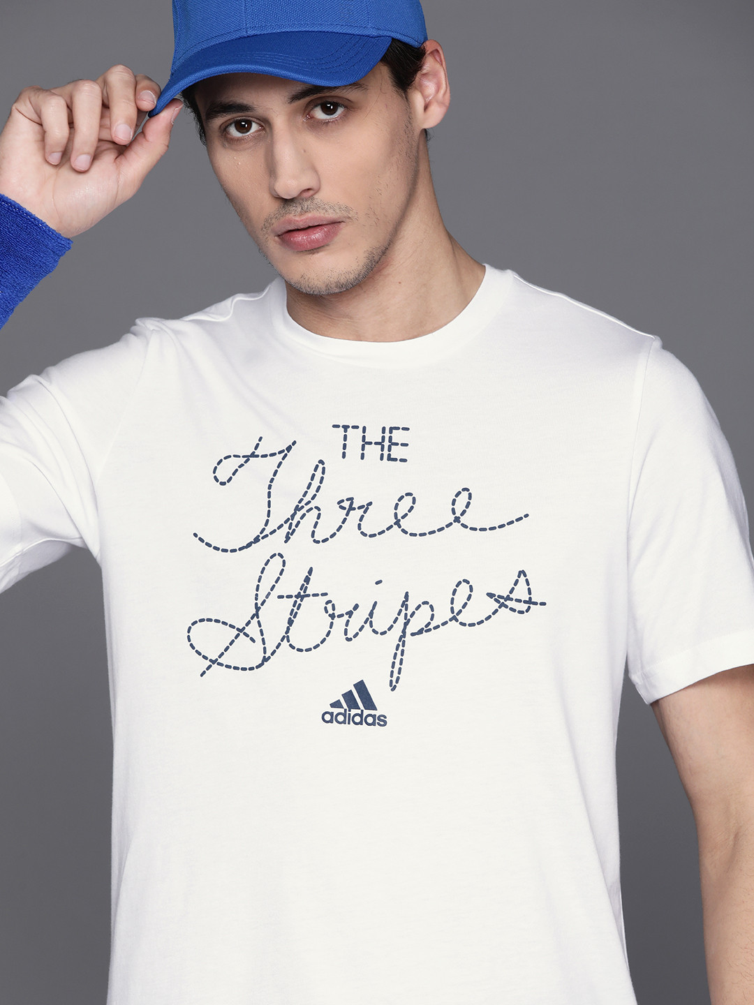 

ADIDAS Men White & Navy Blue Brand Slogan Print T-shirt