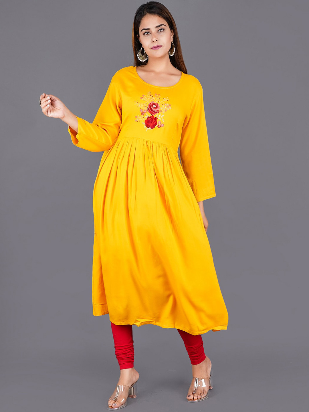 

KALINI Women Yellow Floral Yoke Design Kurta
