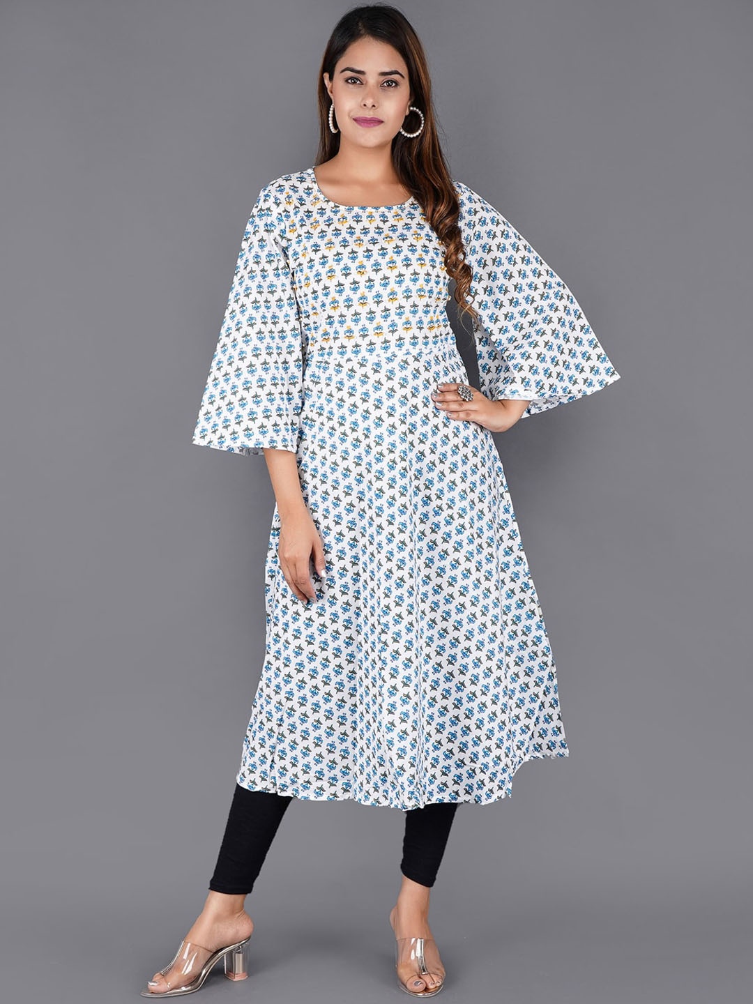 

KALINI Women Blue Geometric Printed Flared Sleeves Thread Work Kurta
