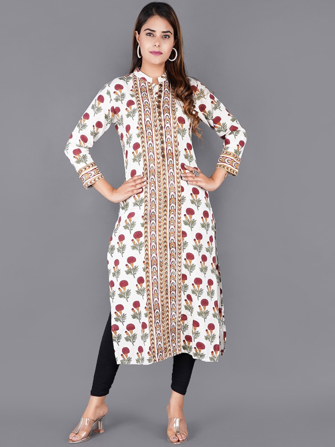 

KALINI Women White & Red Floral Printed Kurta