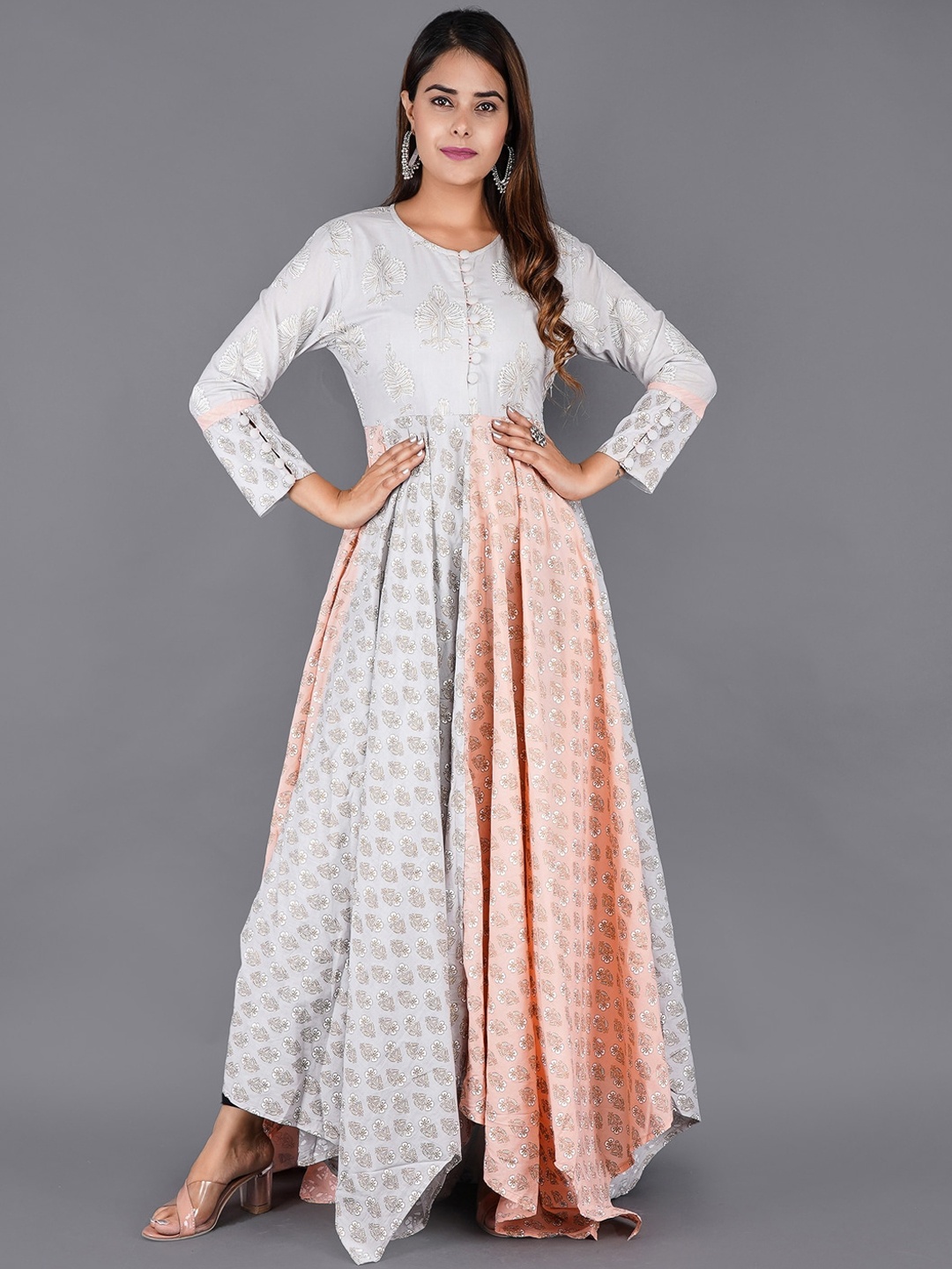 

KALINI Women Grey & Peach-Coloured Floral Printed Flared Sleeves Anarkali Kurta