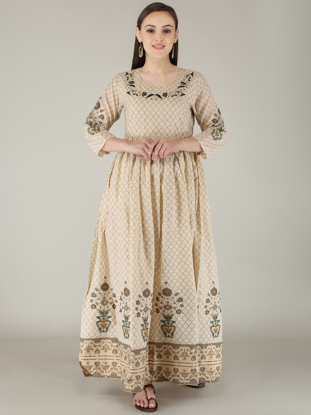

KALINI Women Beige & Green Floral Embroidered Anarkali Kurta