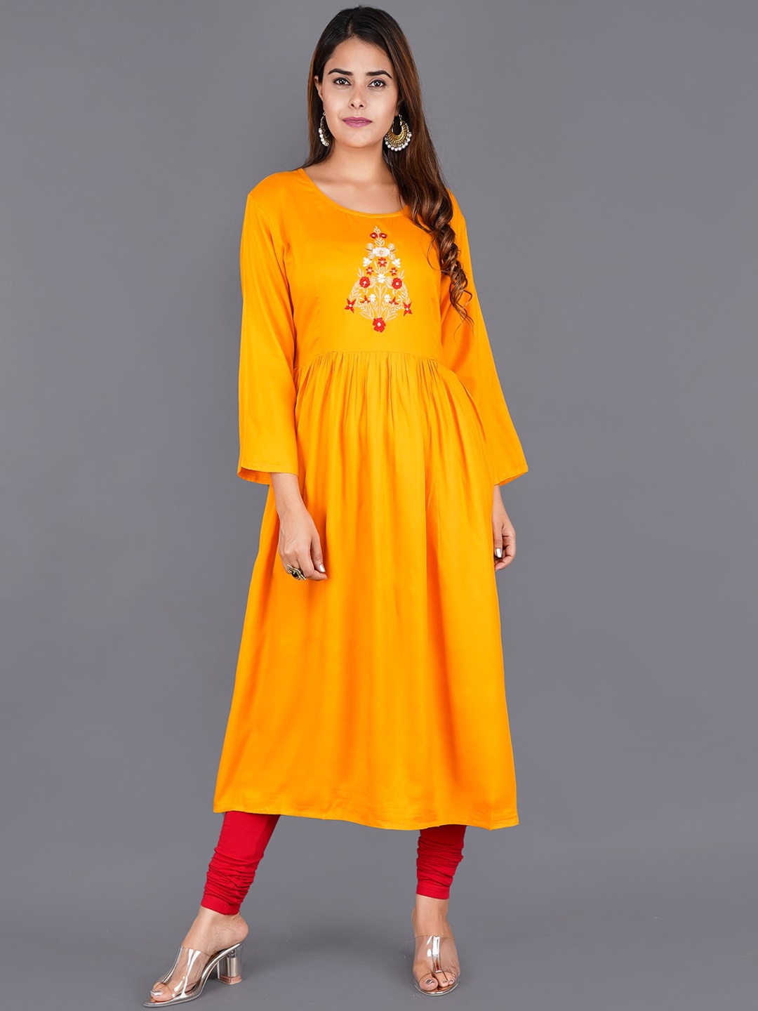 

KALINI Women Orange Floral Yoke Design Kurta