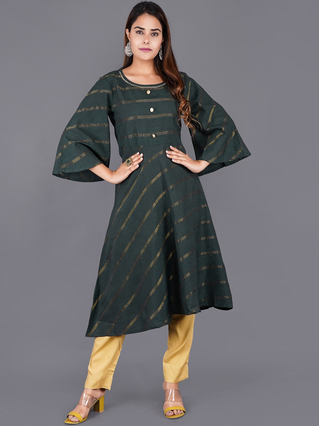 

KALINI Women Green Striped Flared Sleeves Kurta