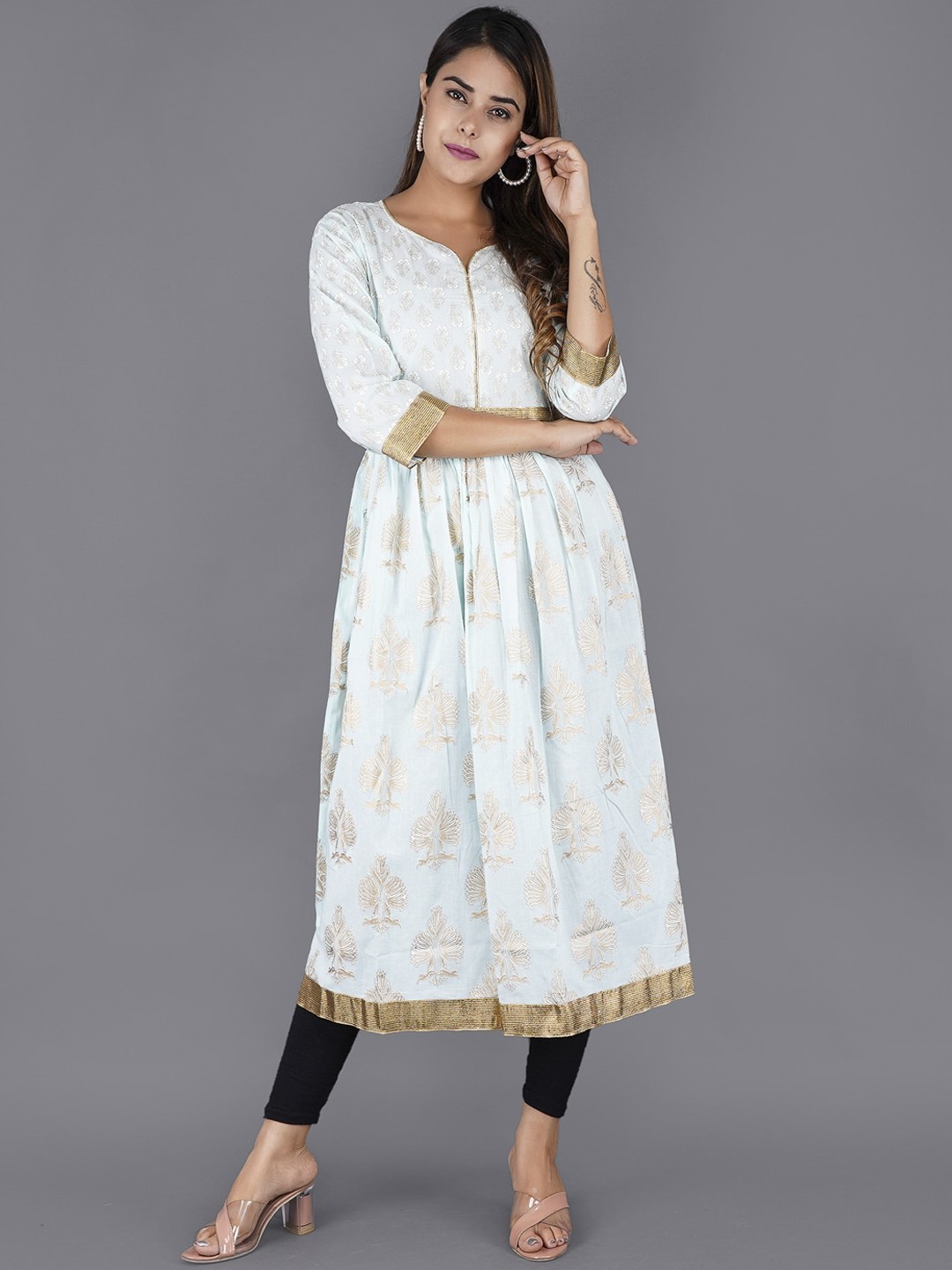 

KALINI Women Blue Ethnic Motifs Printed Flared Sleeves Gotta Patti Kurta